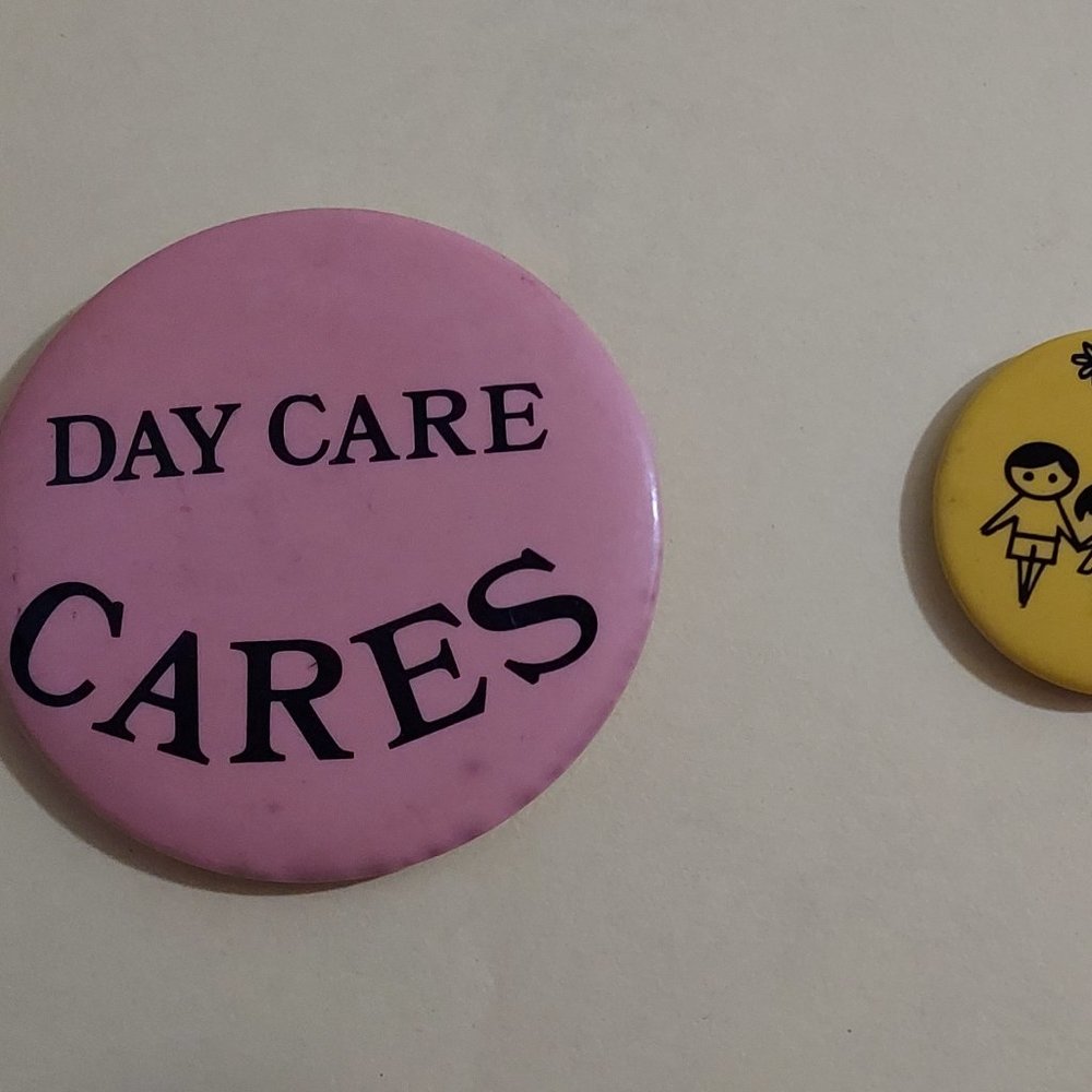 Suport for Day Care vintage buttons: Feminist activism